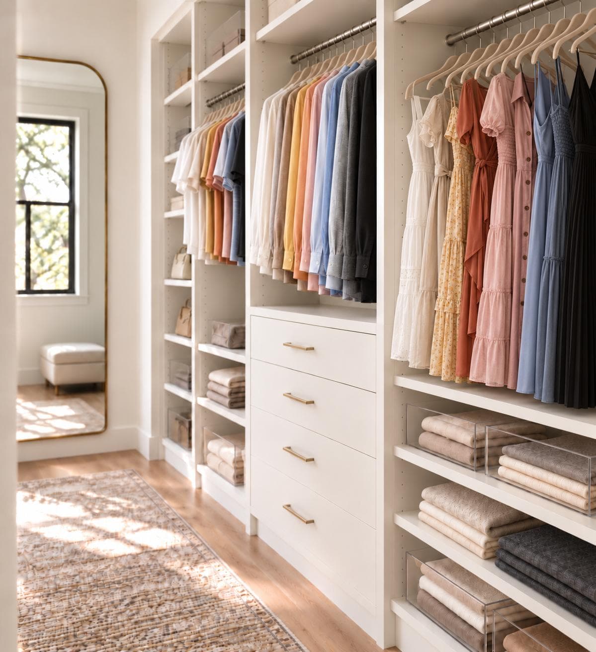 Custom walk-in closet with organized clothing arranged by color and neat storage shelves.