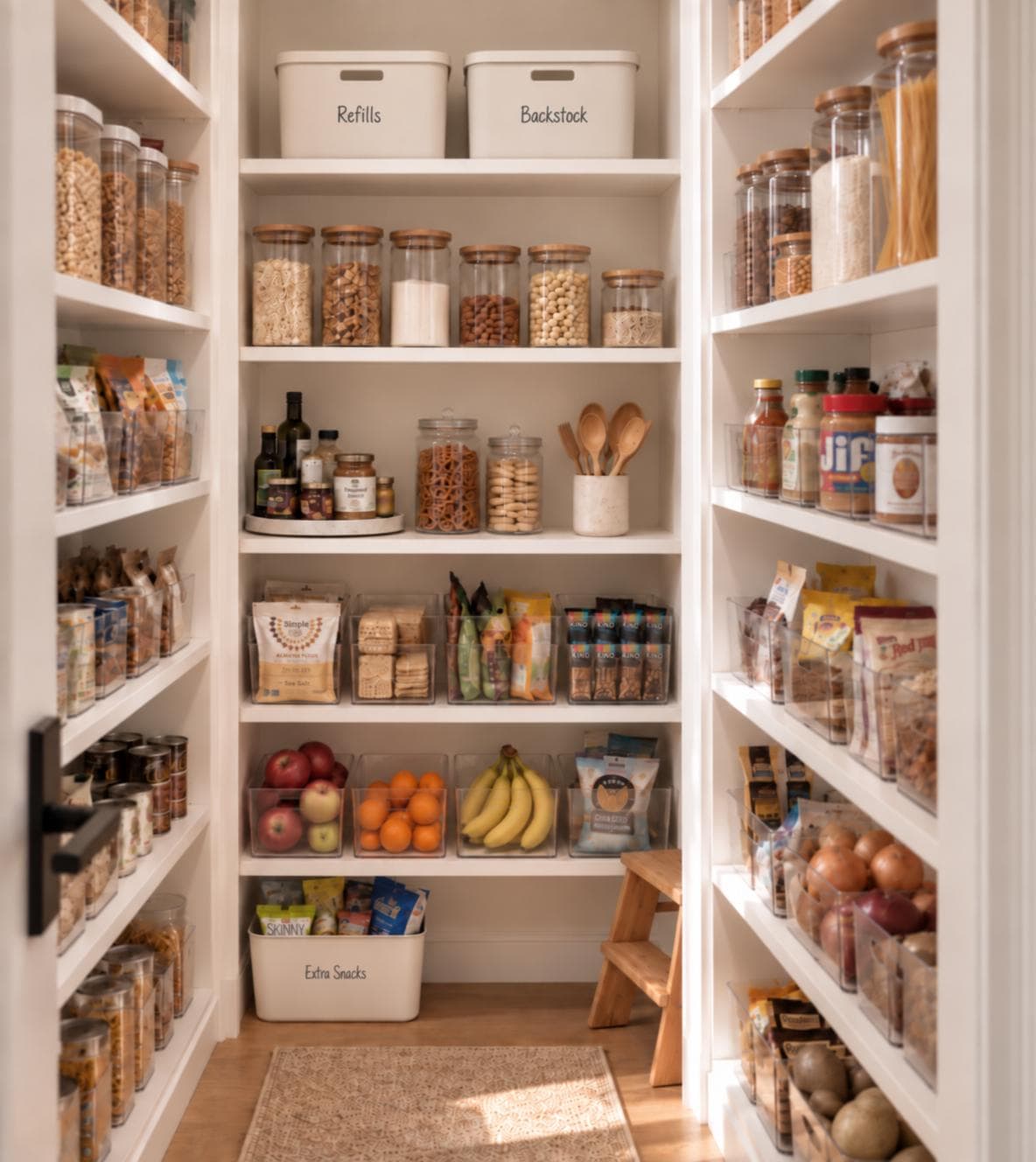Organized walk-in pantry with glass canisters, bamboo lids and categorized bins.