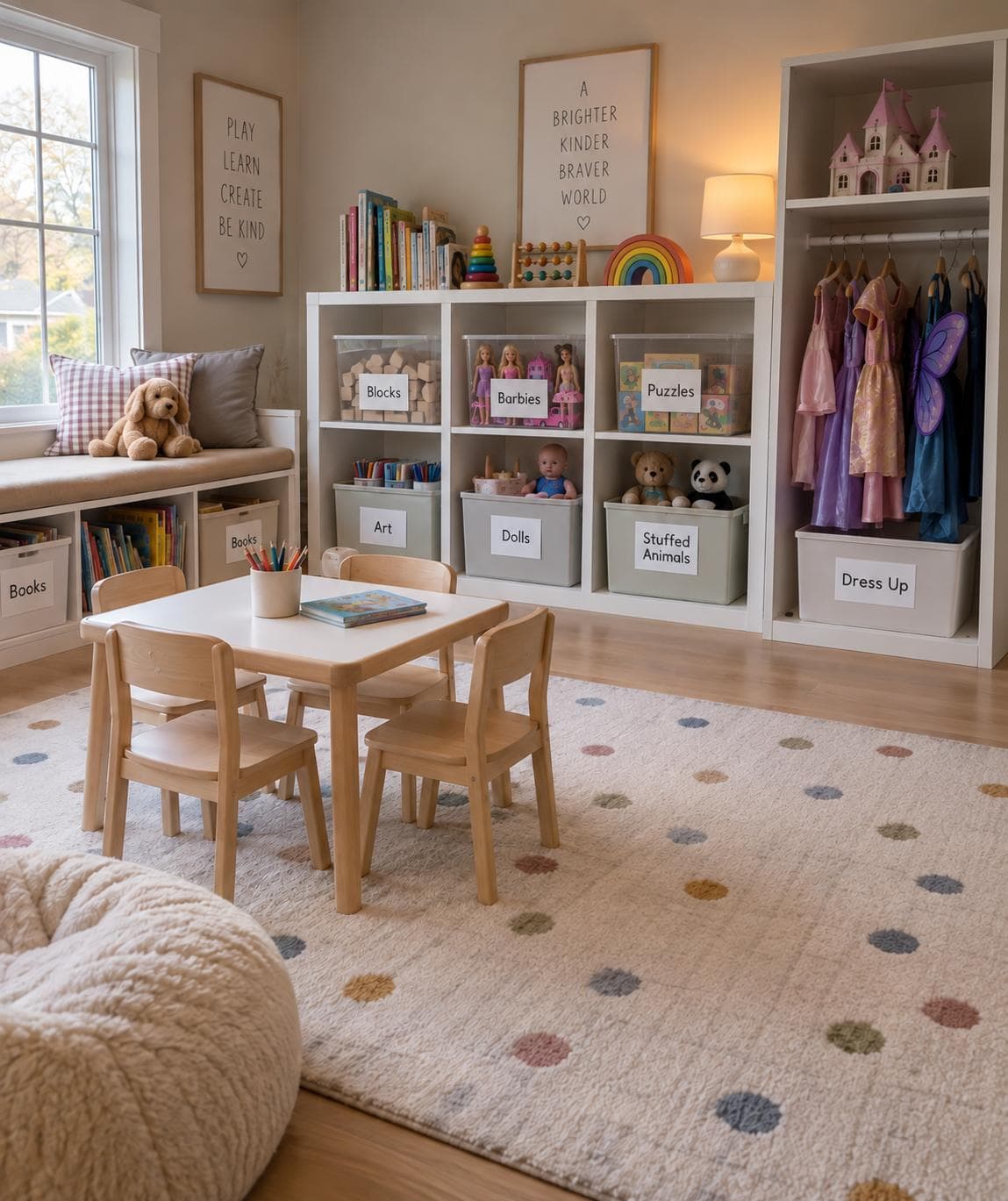 Organized children’s playroom and craft space with labeled bins and activity table.